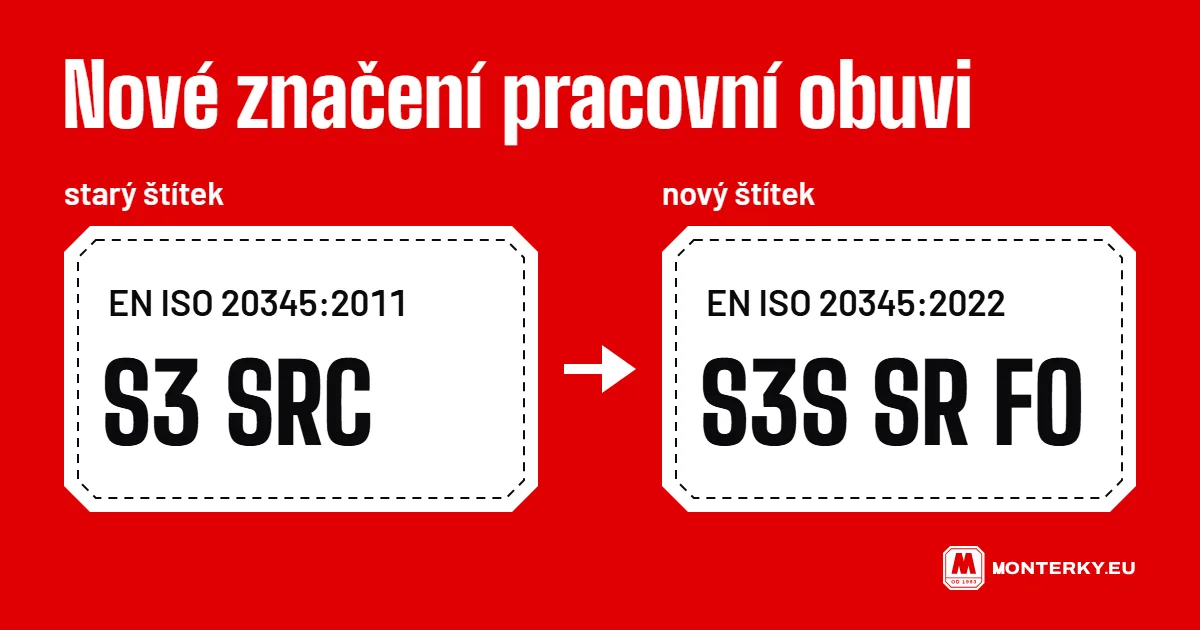 Starý a nový štítek bezpečnostní obuvi vedle sebe: EN ISO 20345:2011 S3 SRC a EN ISO 20345:2022 S3S SR FO